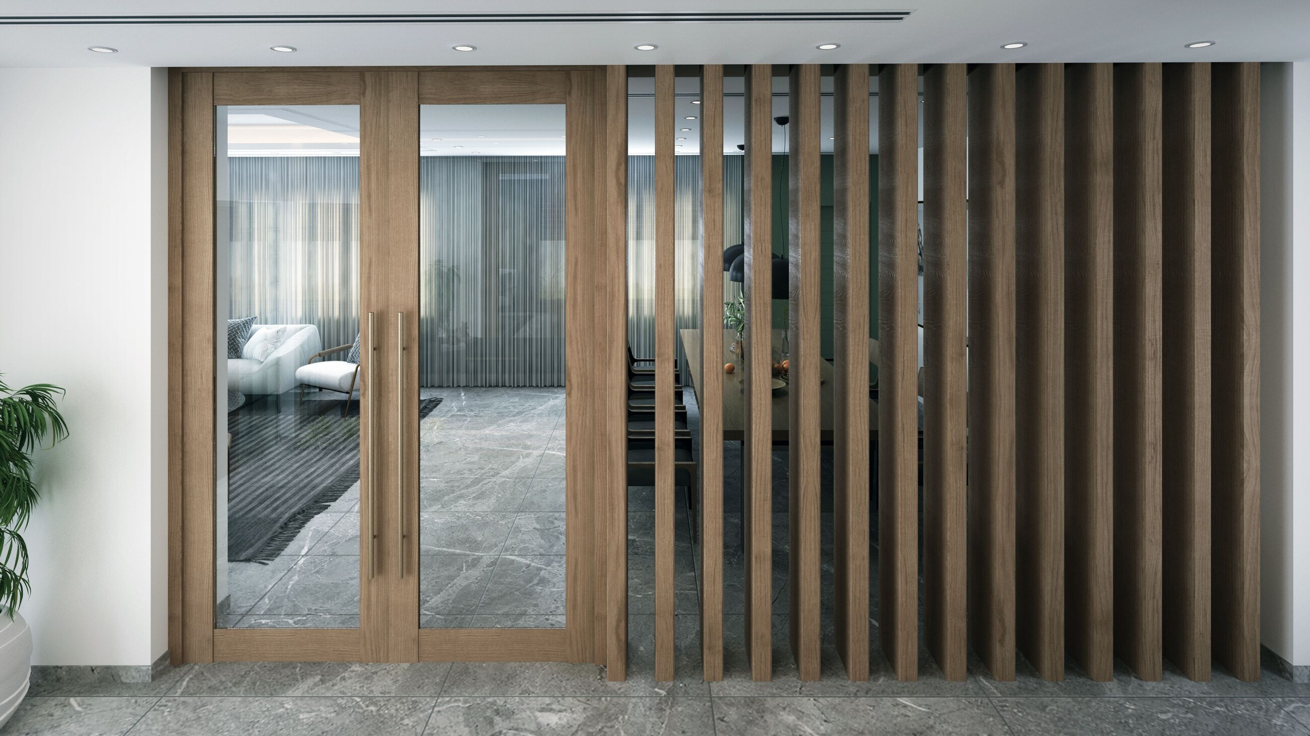 Real interior photograph showing a modern stained-wood slatted room divider and matching doors